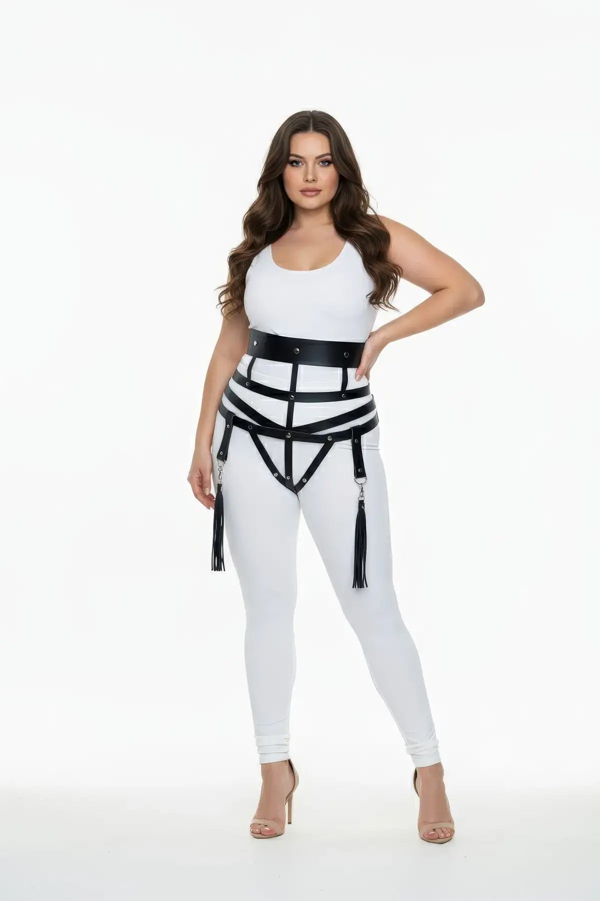 Plus-size black vegan leather waist harness with tassel-fringe garter by HarnessClub