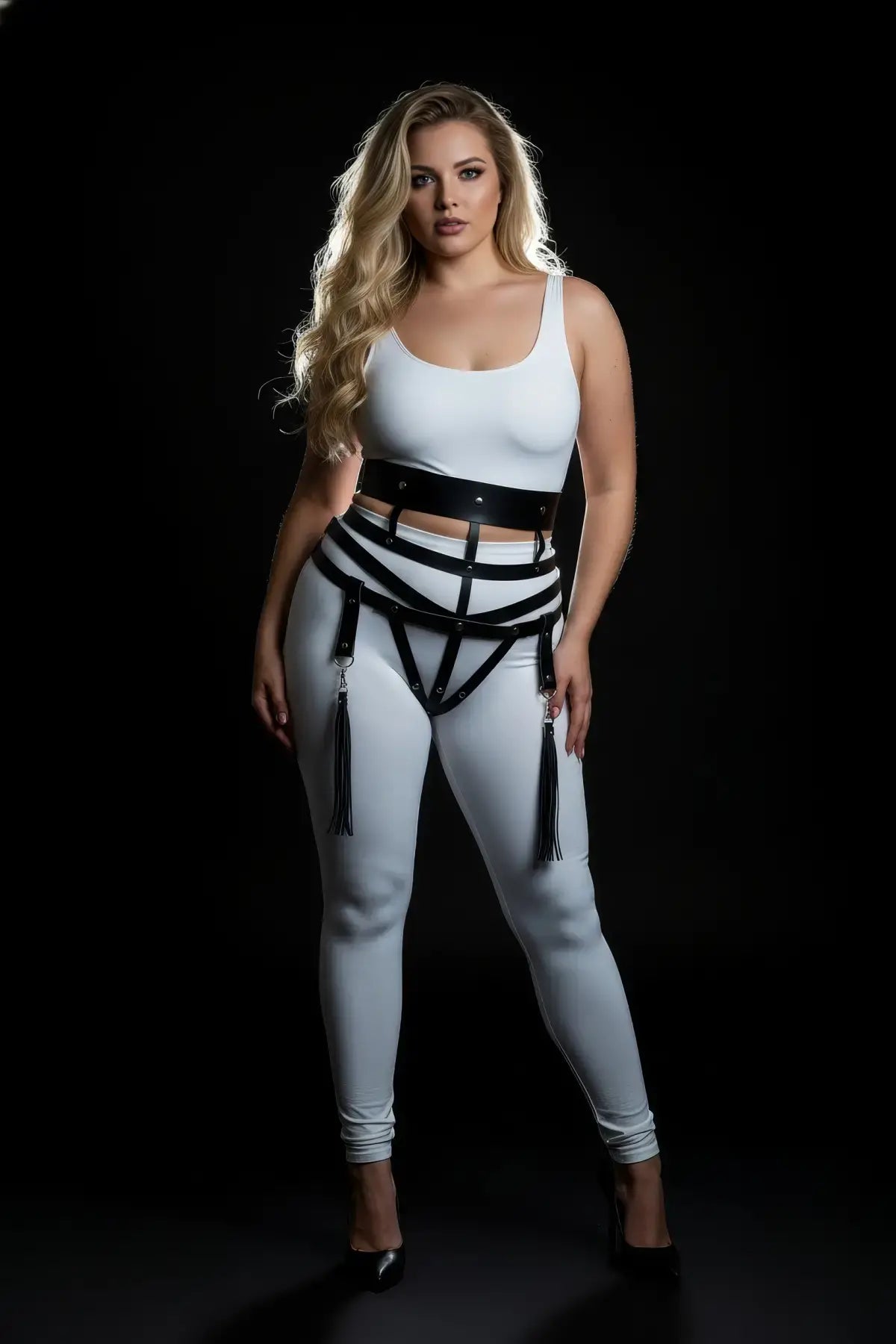 Plus size black vegan leather waist harness with tassel fringe garter worn by model.