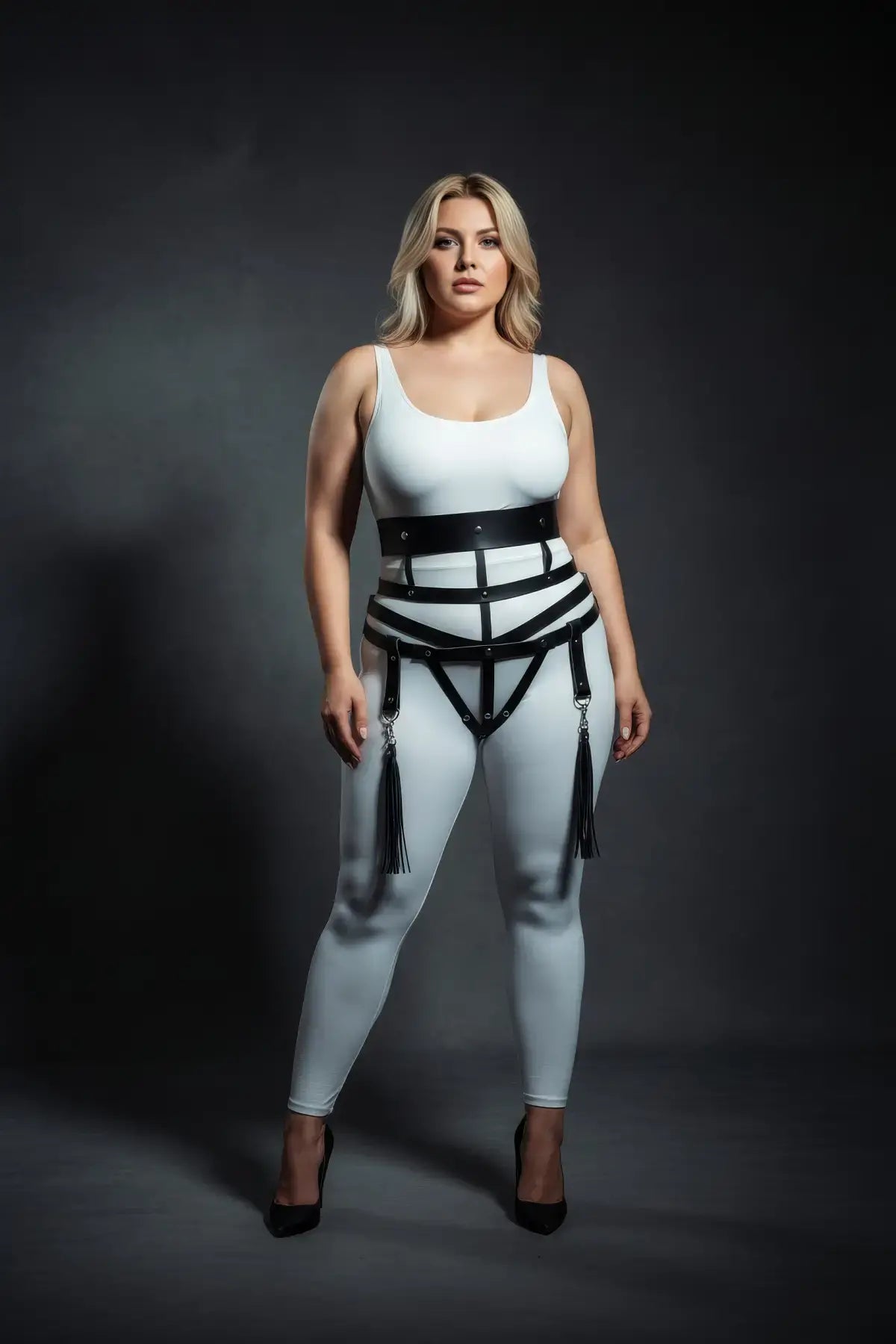 Plus size black vegan leather waist harness with tassel fringe garter by HarnessClub