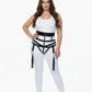 Plus-size black vegan leather waist harness with tassel-fringe garter by HarnessClub