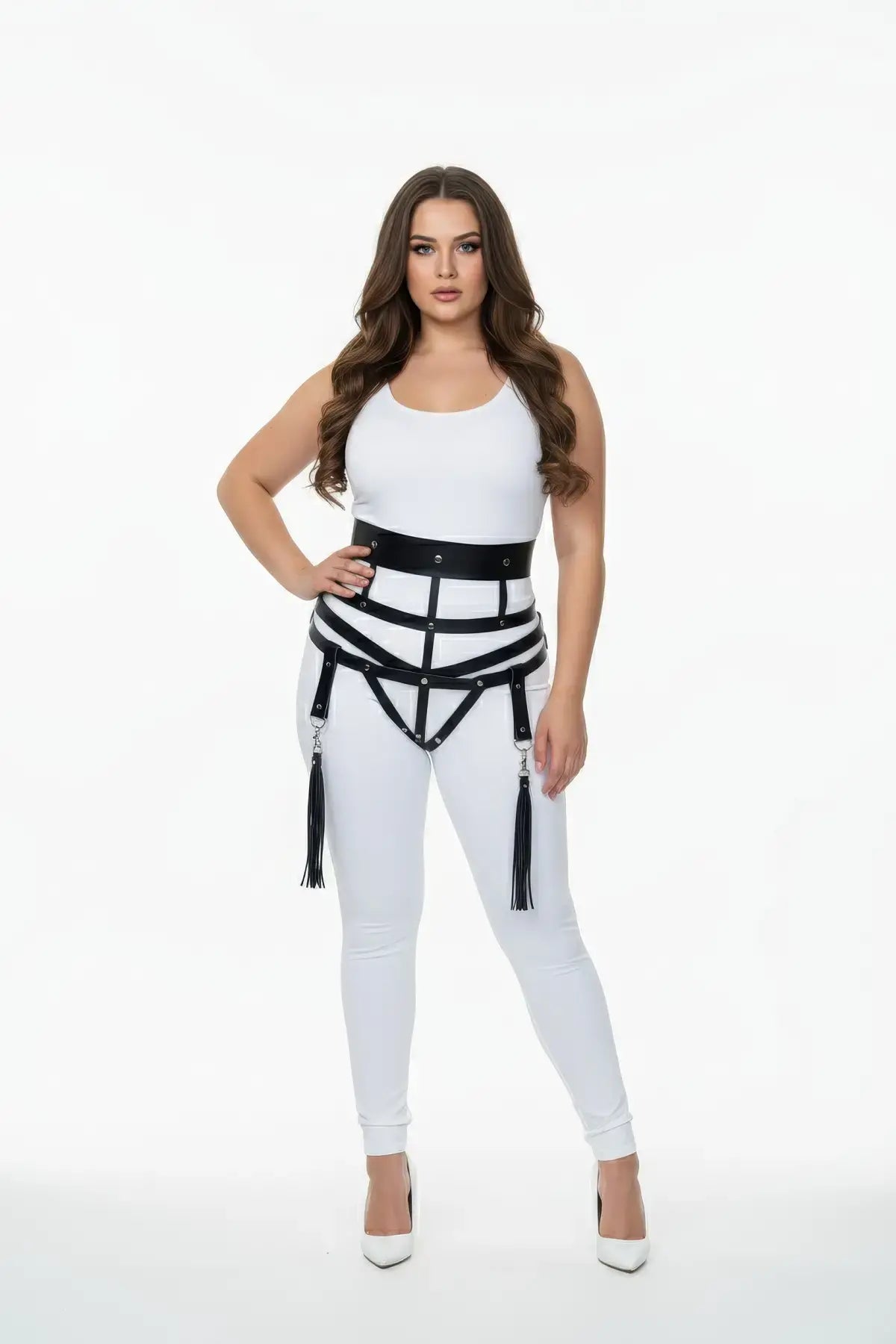 Plus-size black vegan leather waist harness with tassel-fringe garter by HarnessClub