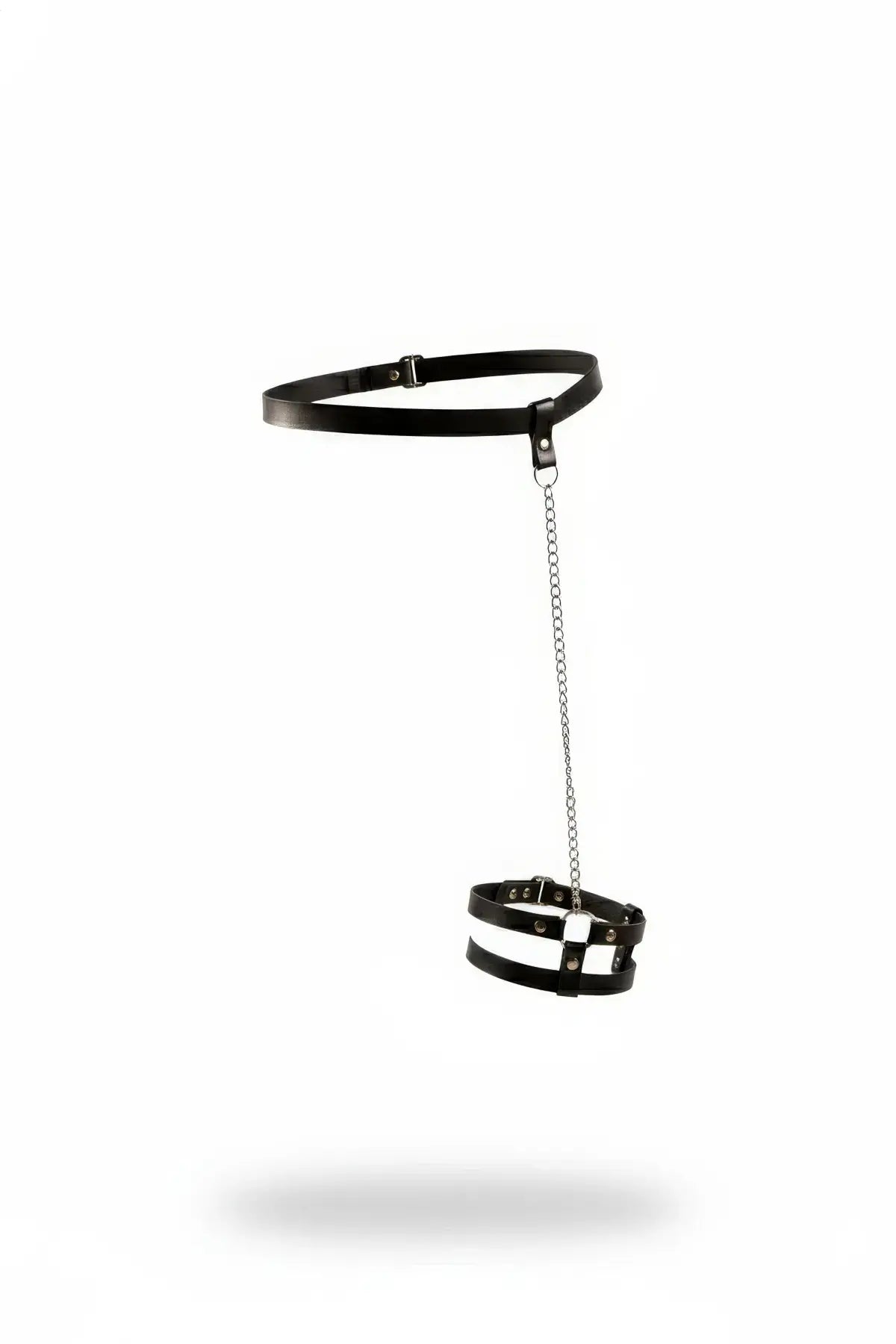Plus-size black vegan leather waist belt with chain-drop thigh cuff garter by HarnessClub