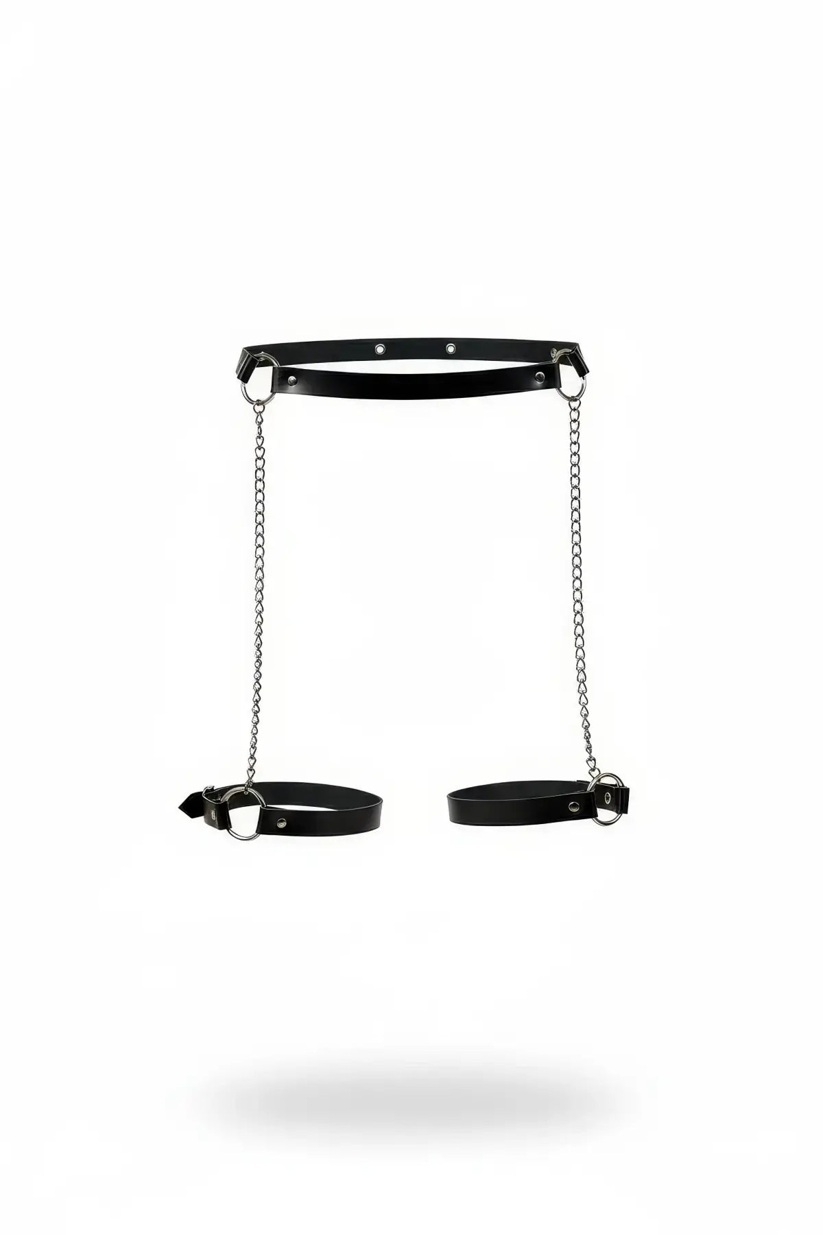 Plus-size black waist belt with chain-linked twin thigh garters in vegan leather by HarnessClub