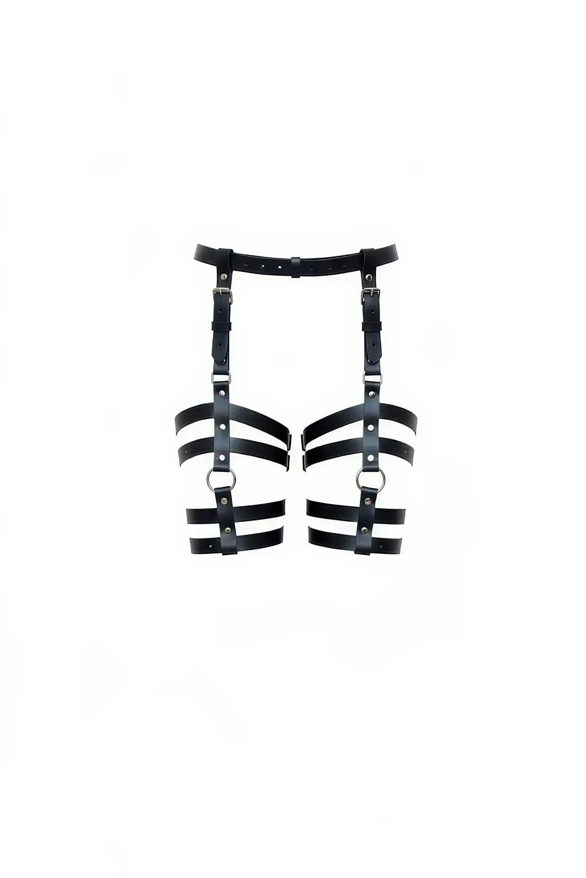HarnessClub plus-size black vegan leather waist belt with twin thigh cage garter harness