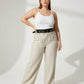Plus-size black vegan leather waist belt with twin O-rings and chain detail