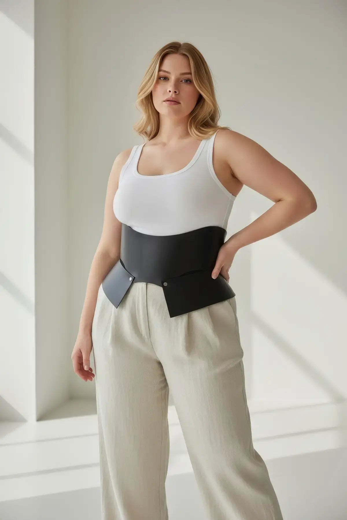 Plus size black vegan leather wide corset belt by HarnessClub worn at the waist over a white top