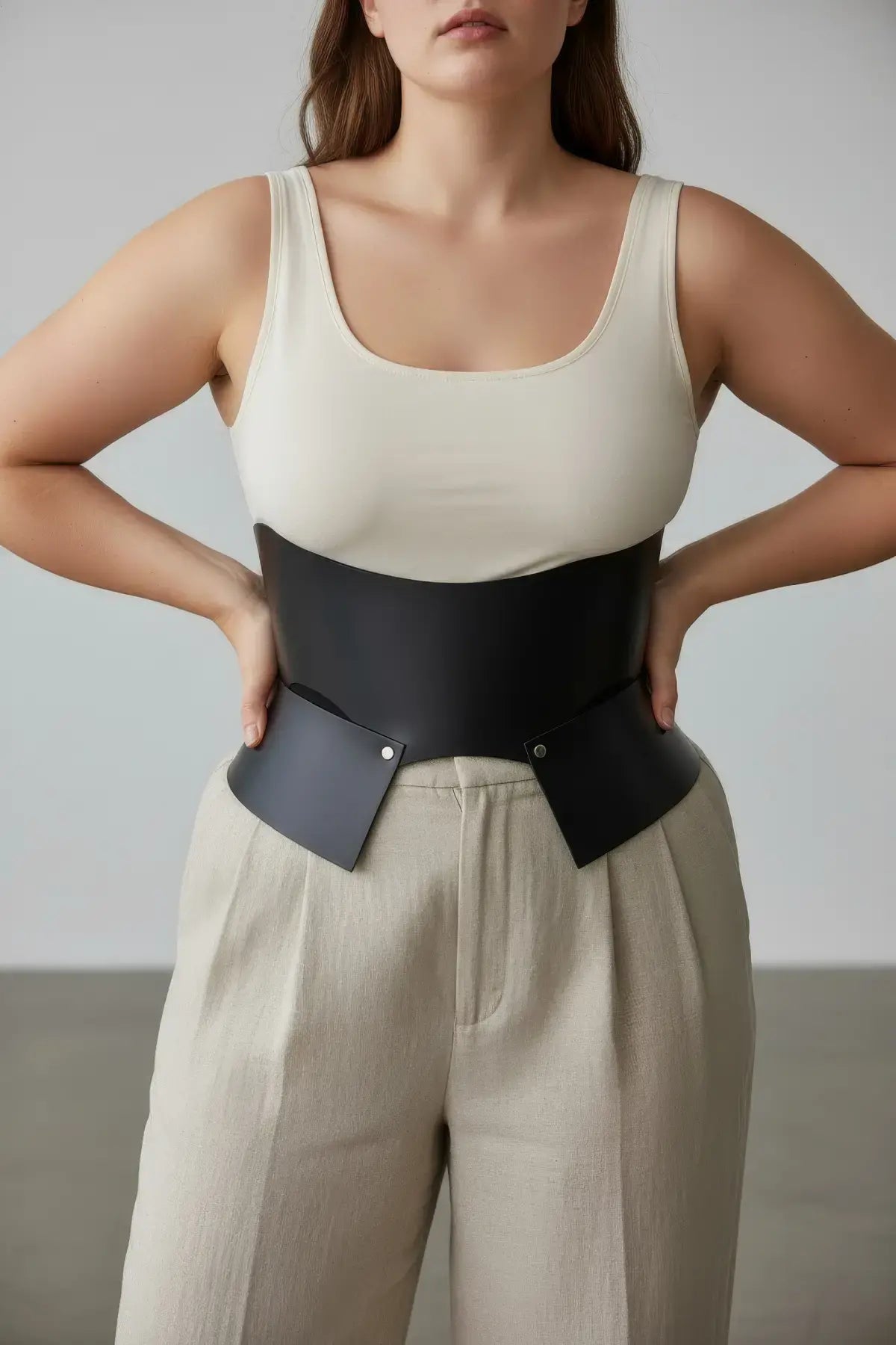 Plus size black wide corset belt with peplum waist cincher in vegan leather.