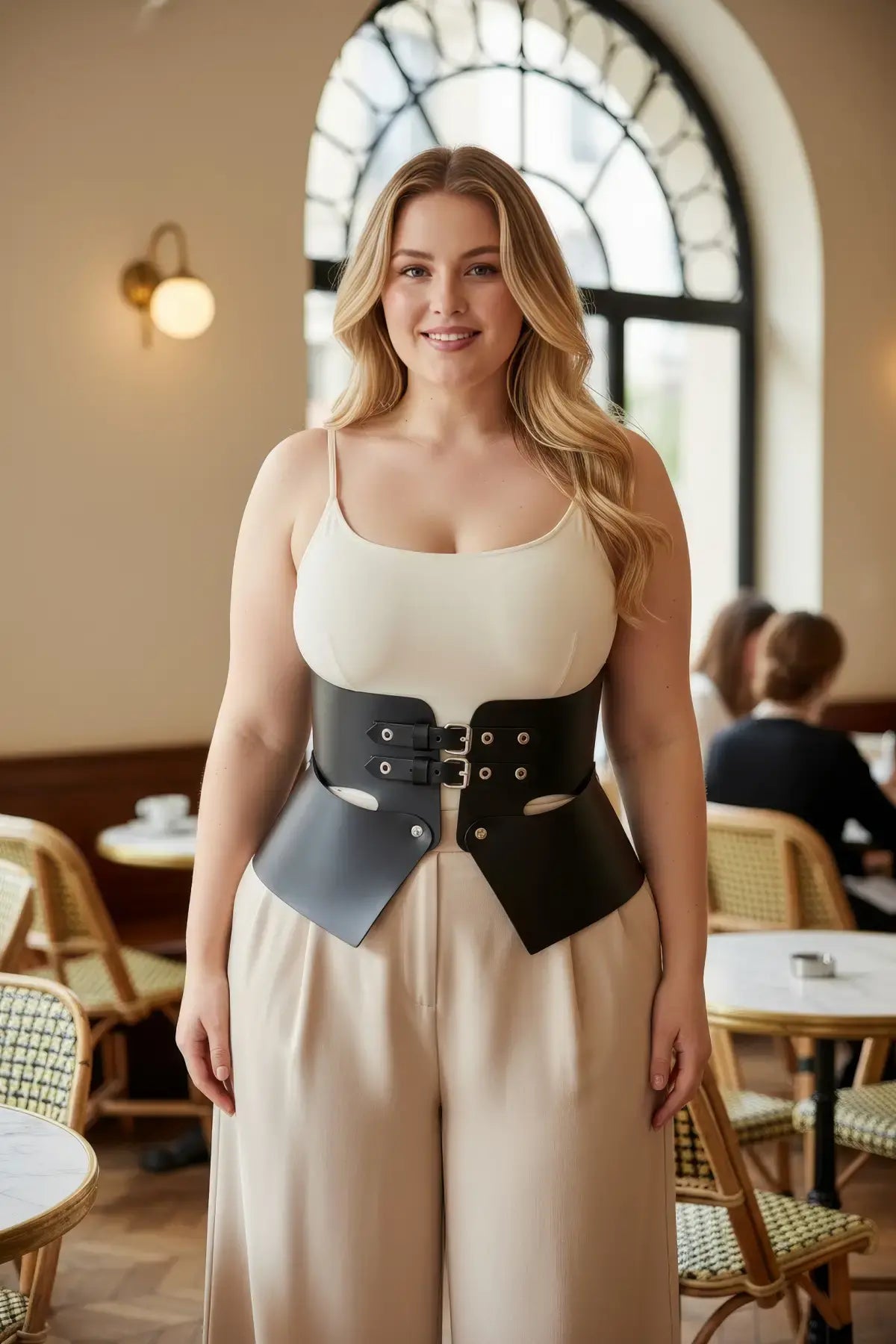 HarnessClub plus-size black vegan-leather wide corset belt with dual buckles worn over a beige dress.