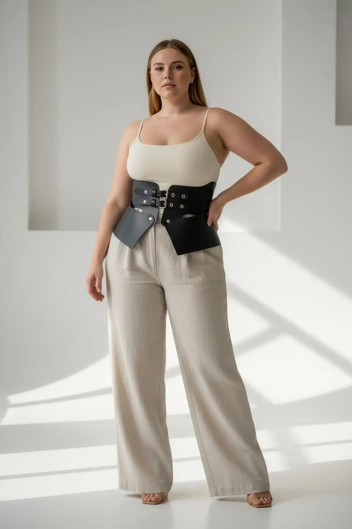 Plus size black wide corset belt with triple-buckle cincher and attached leather pouches.