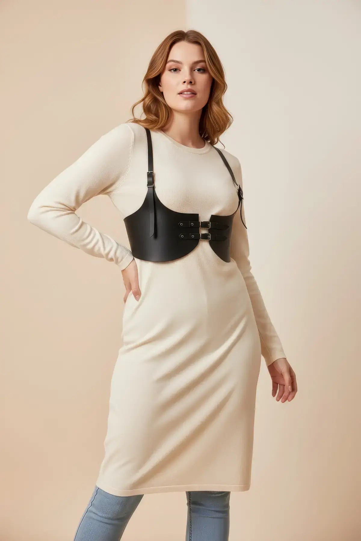 Plus-size black vegan-leather under-bust corset harness with front buckles, worn over a cream sweater dress