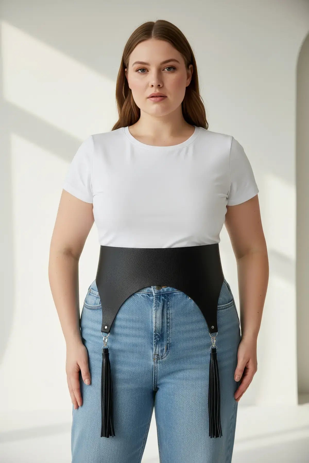 Plus-size black wide corset waist belt with deep tassels in vegan leather, HarnessClub.