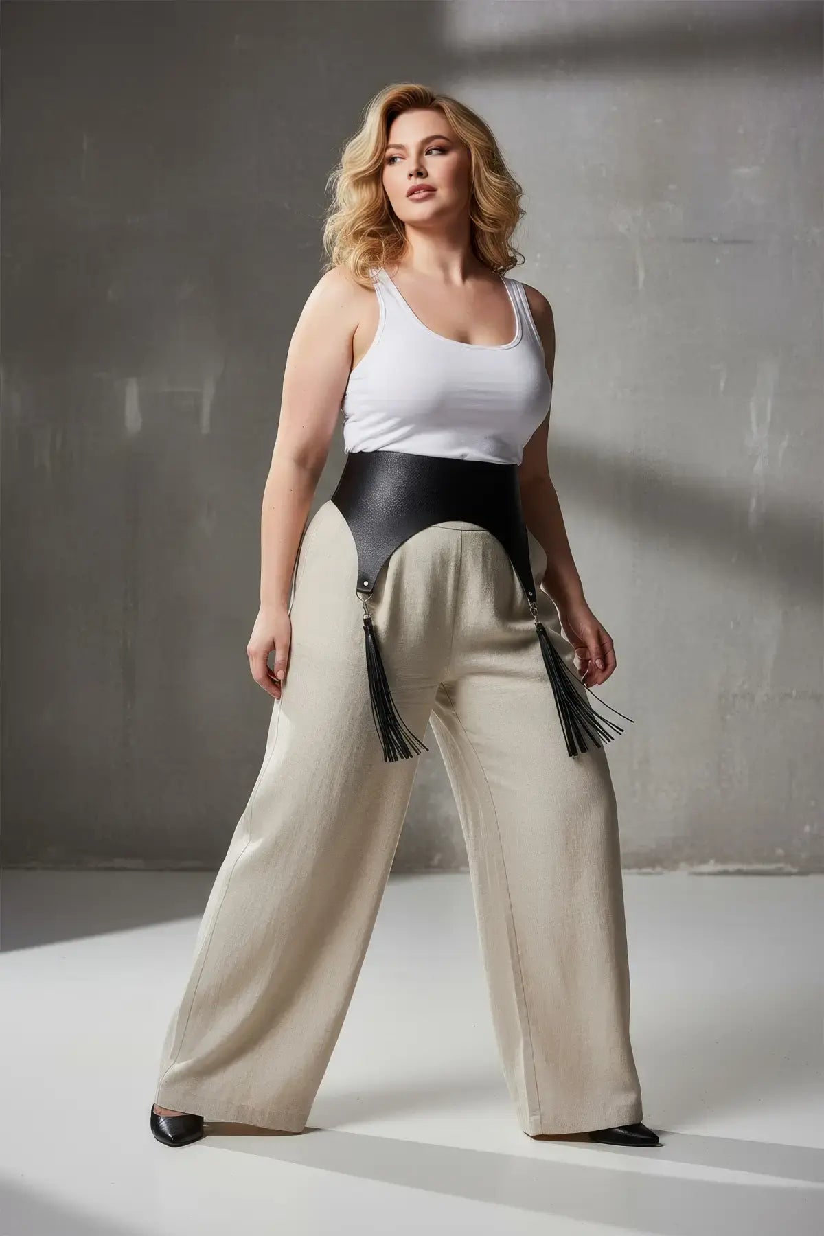 Plus-size black wide corset waist belt with tassels in vegan leather