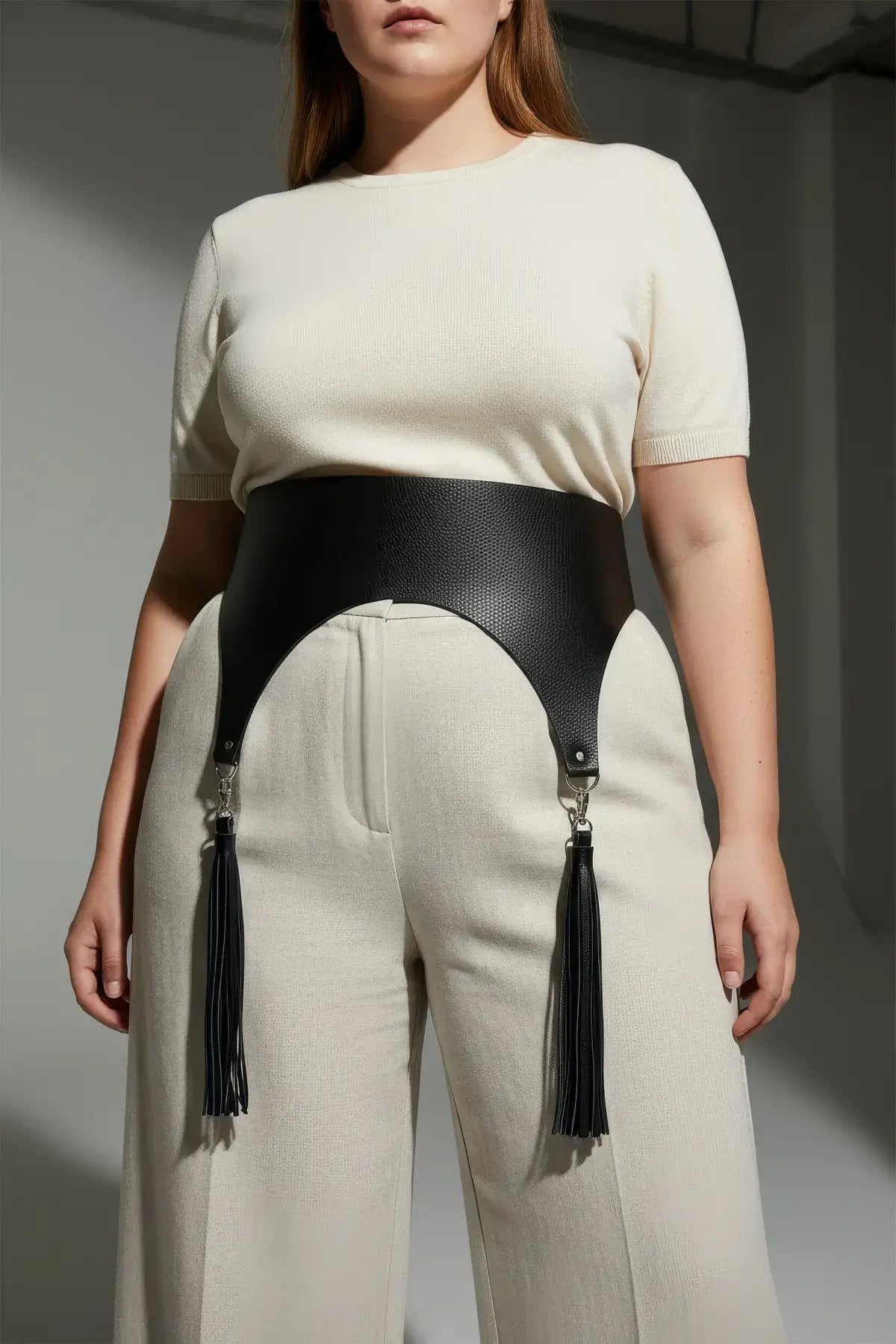 Plus-size black wide corset waist belt with deep tassels in vegan leather