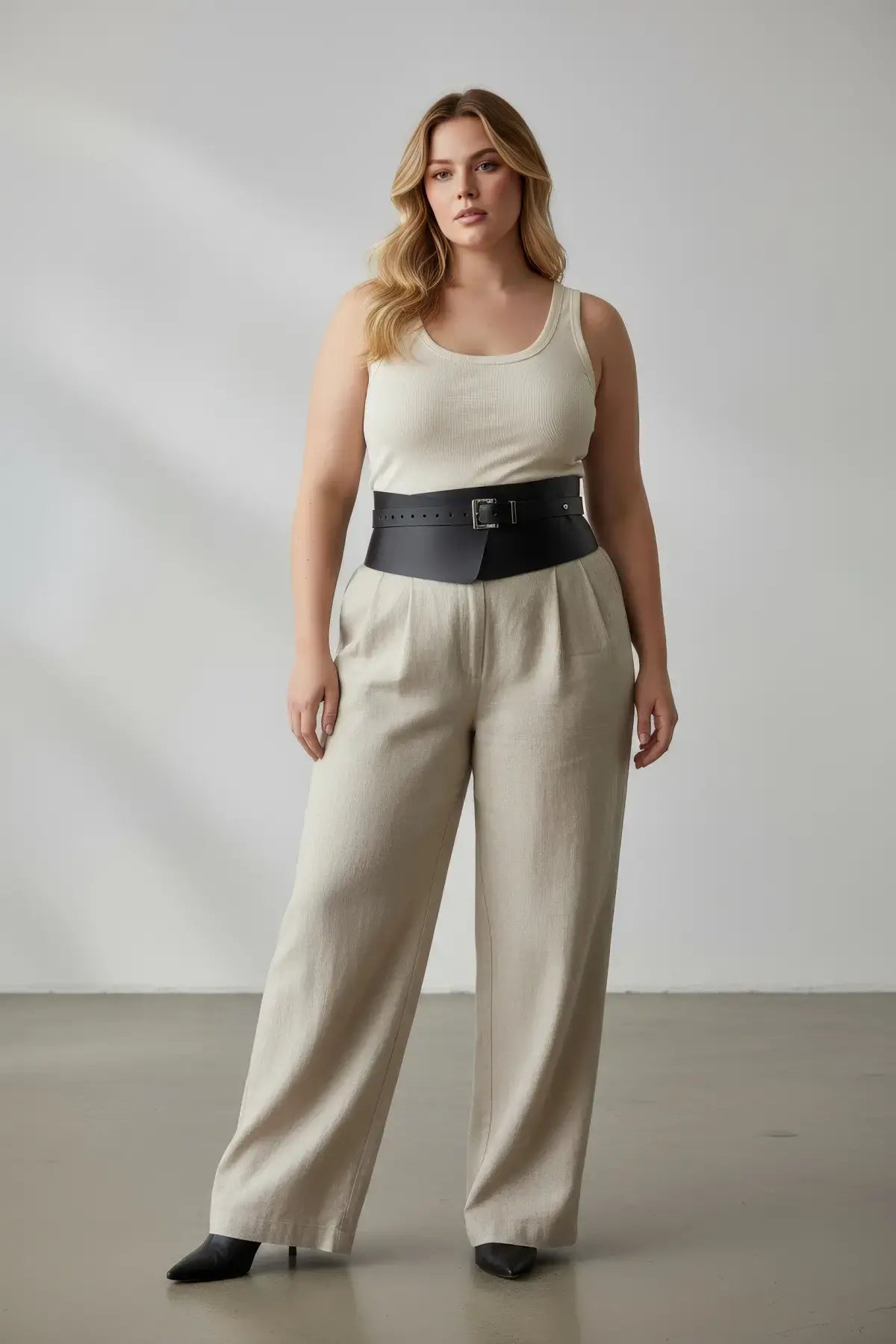 HarnessClub plus-size black wide-cut corsage body harness belt worn at the waist as dress overlay accessory.