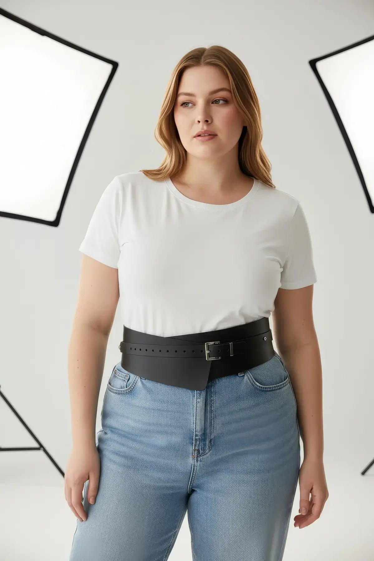 Plus Size Black Wide-Cut Corsage Body Harness belt-style waist overlay accessory