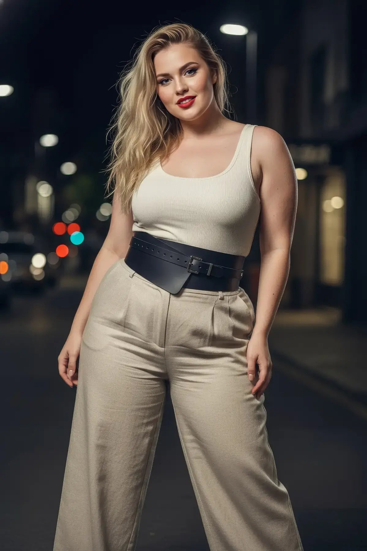 Plus Size Black Wide-Cut Corsage Body Harness by HarnessClub worn over a beige tank top