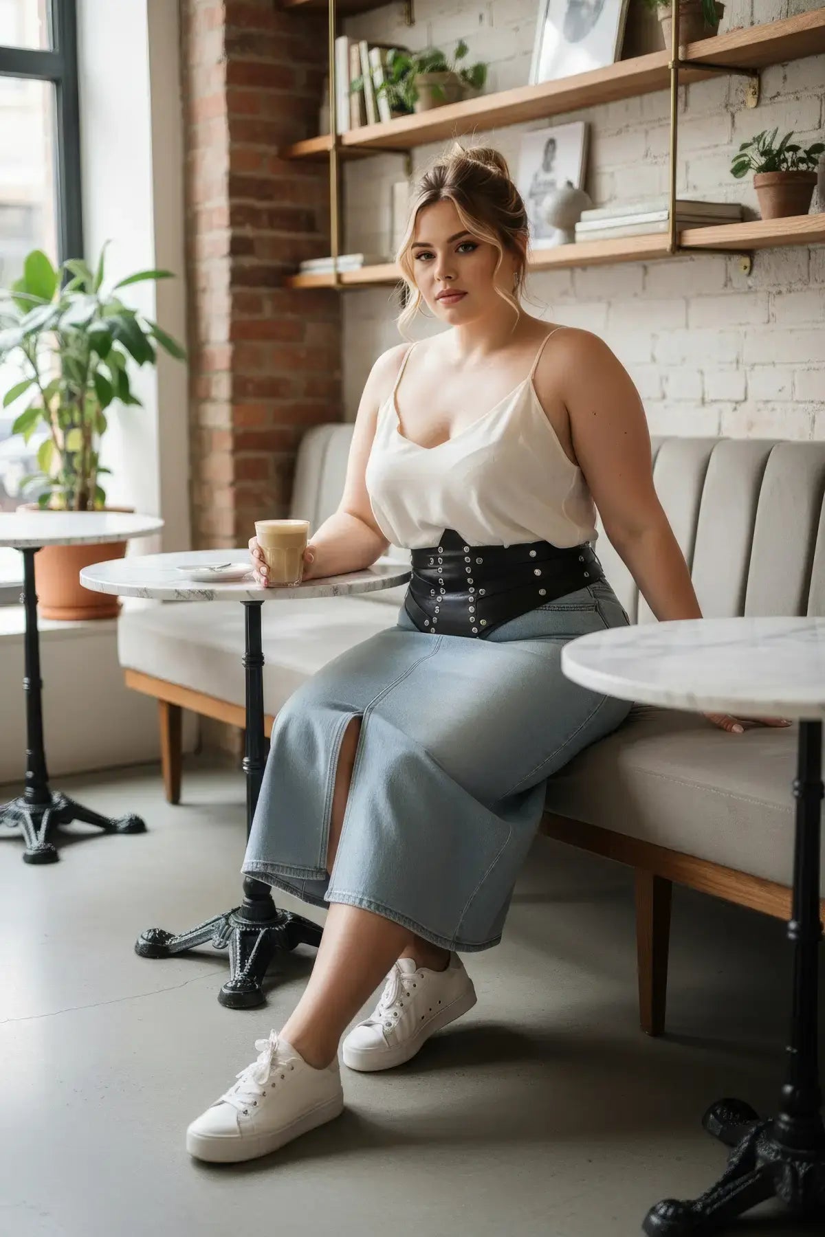Plus Size Black Wide Eyelet-Detail Corset Belt by HarnessClub, worn by a seated woman in a cafe.