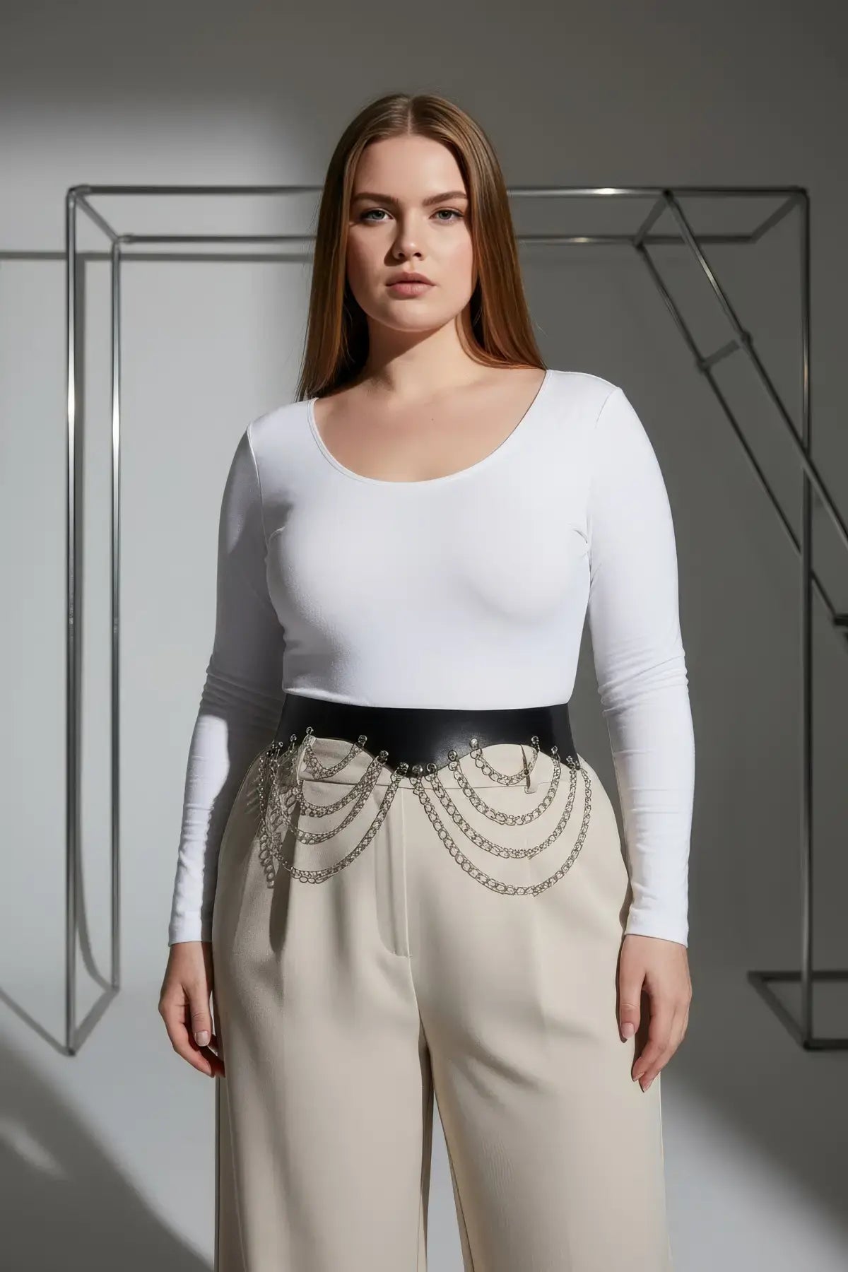 Plus Size HarnessClub black wide leather belt with chain detail