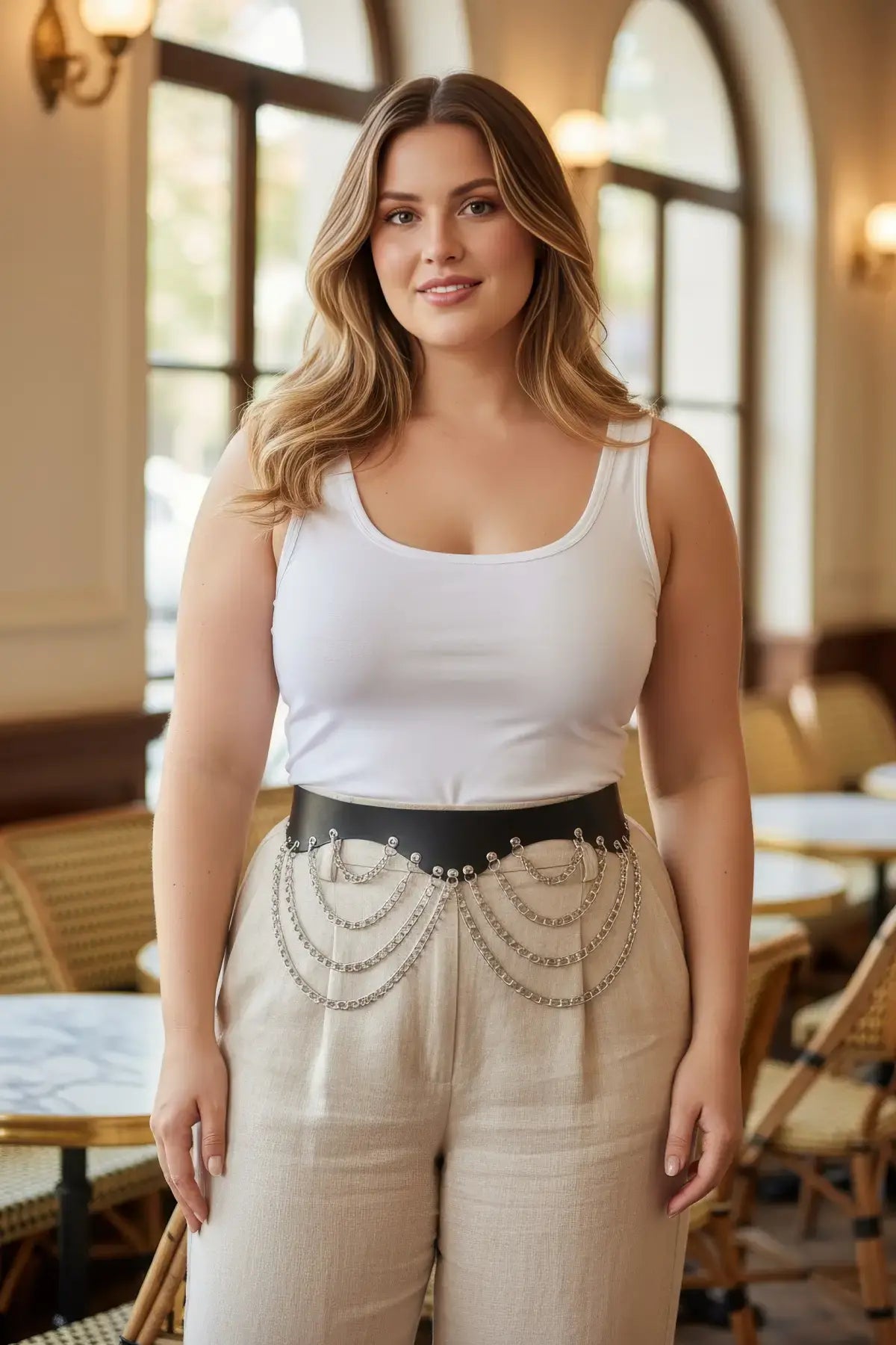 Plus Size Black Leather Belt with Chain Detail by HarnessClub, worn at the waist.