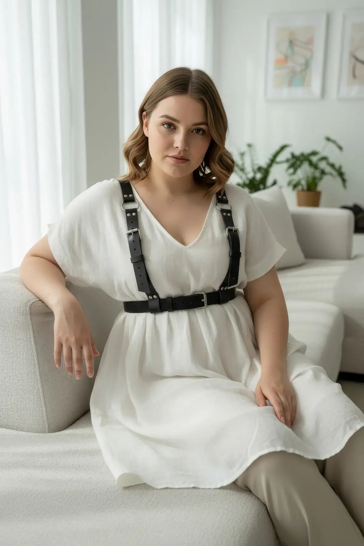 Plus-size black wide-strap shoulder harness with waist belt worn over white dress, HarnessClub.