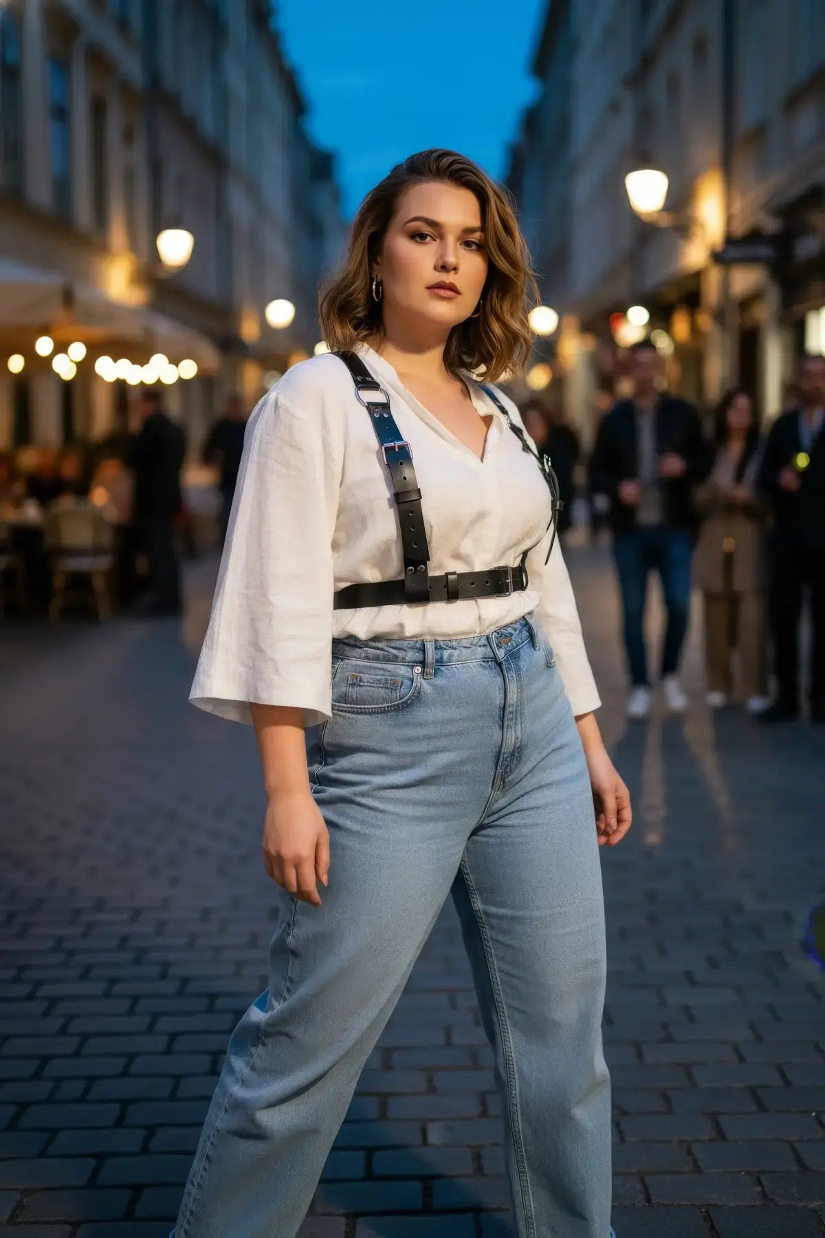 Plus size black vegan-leather shoulder harness with waist belt by HarnessClub