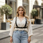 Plus Size Black Wide-Strap Shoulder Harness with Waist Belt in vegan leather worn over a cream blouse