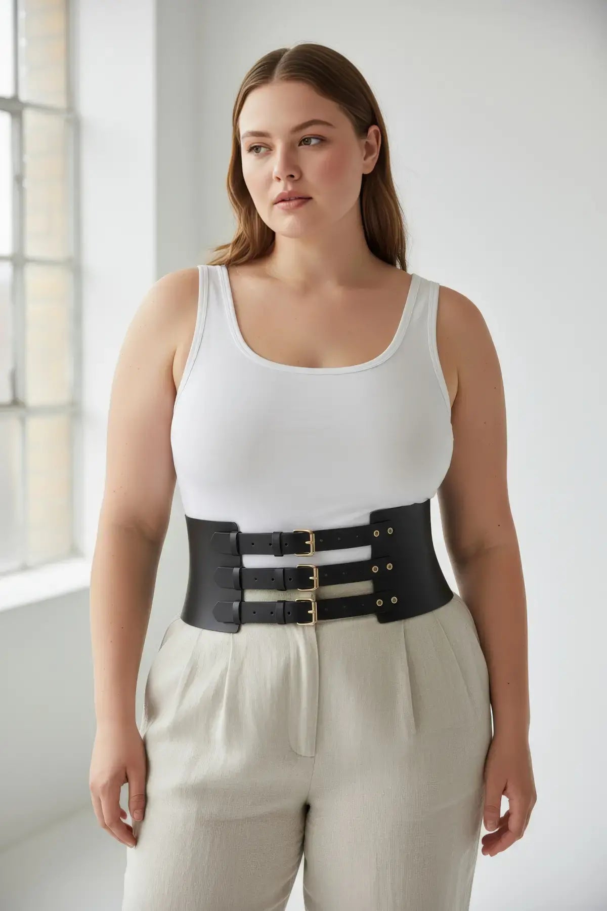 Plus-size black vegan-leather triple-buckle corset belt, wide waist accessory