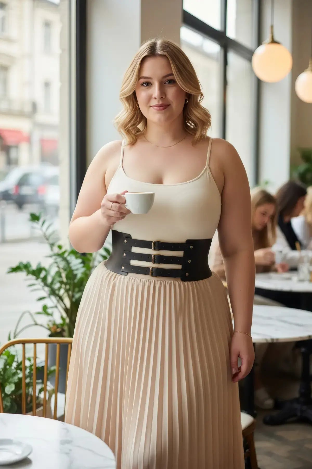 Plus size black wide triple-buckle corset belt in vegan leather worn at the waist
