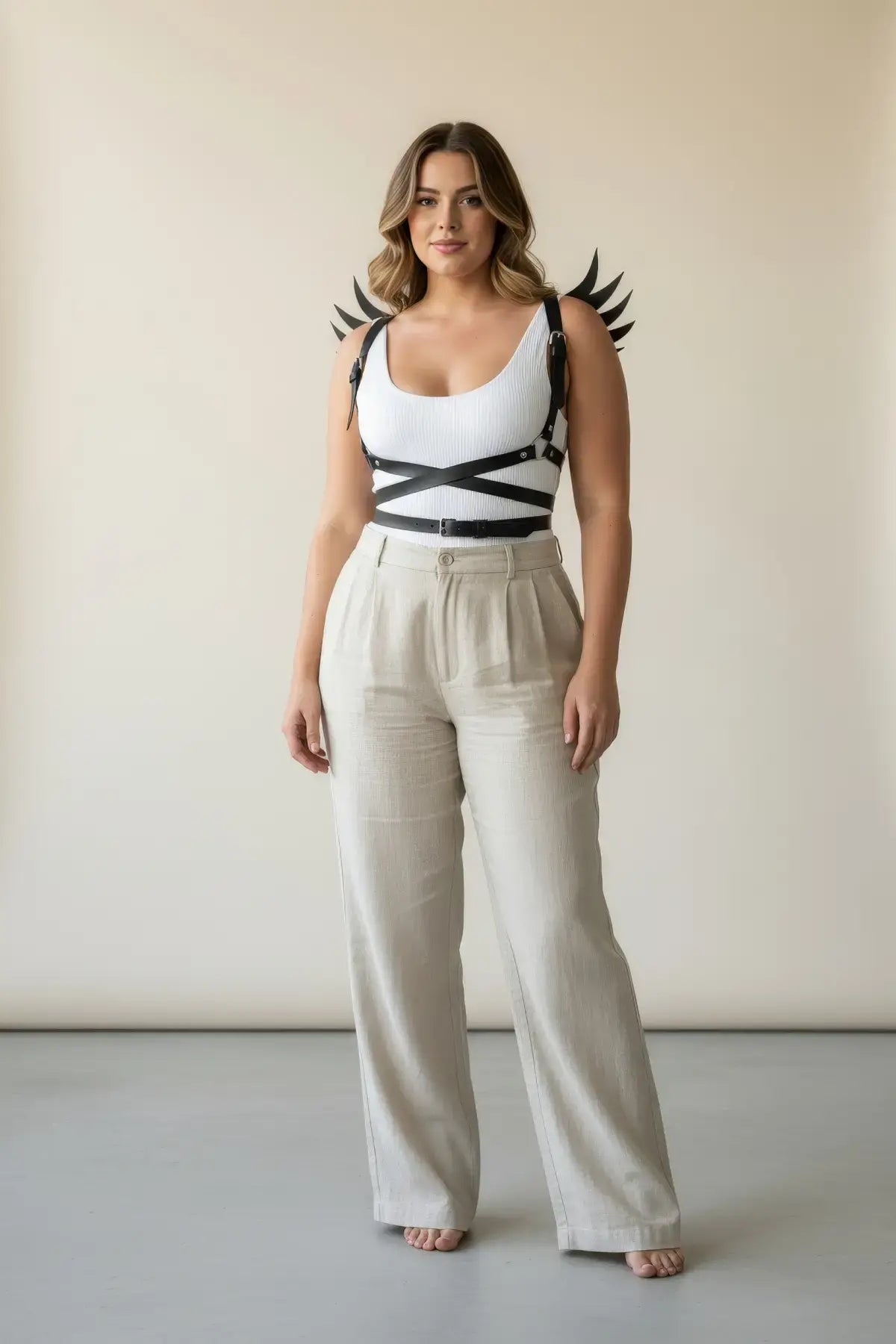 Plus Size Black Wing-Detail Leather Body Harness by HarnessClub