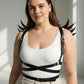 Plus Size Black Wing-Detail Leather Body Harness by HarnessClub worn by model
