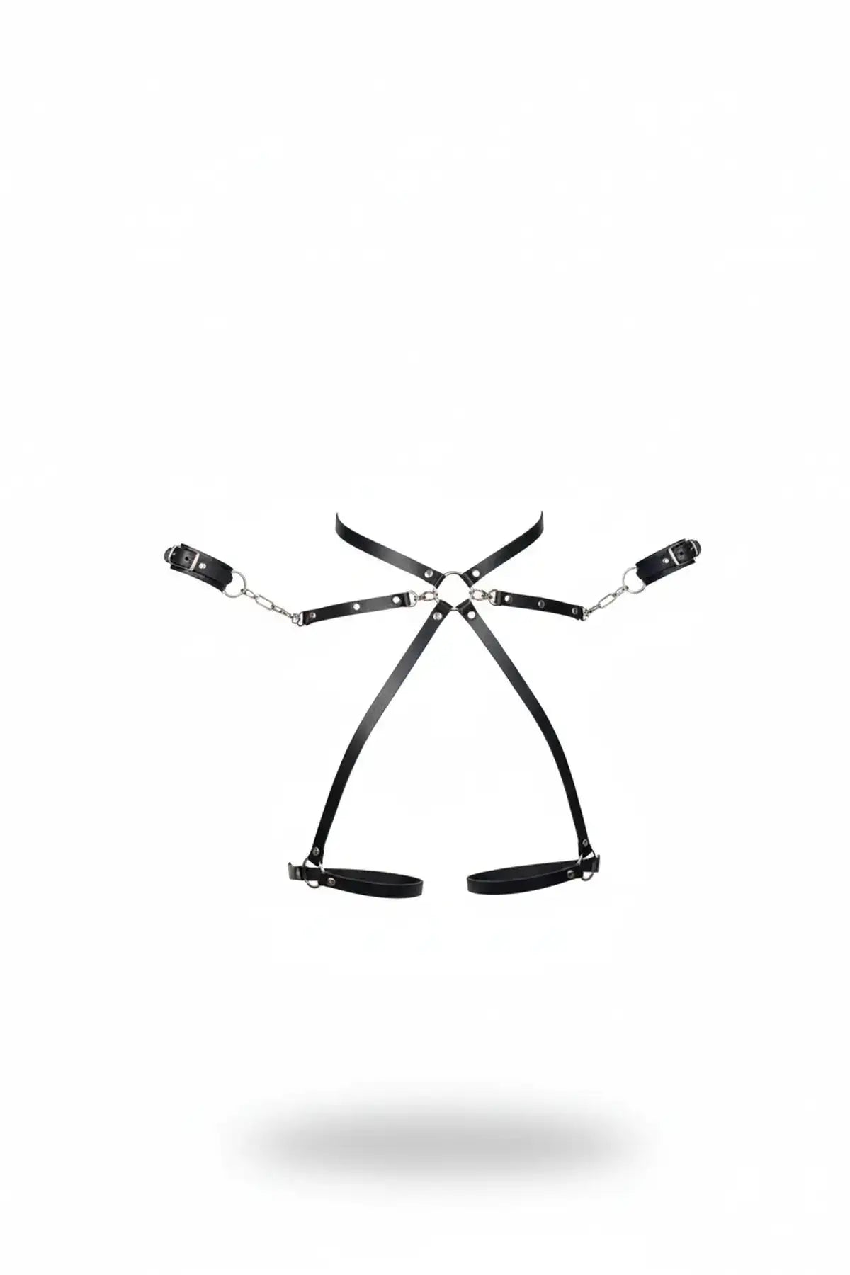 HarnessClub plus-size black vegan leather X-cross body harness with chain-linked wrist cuffs
