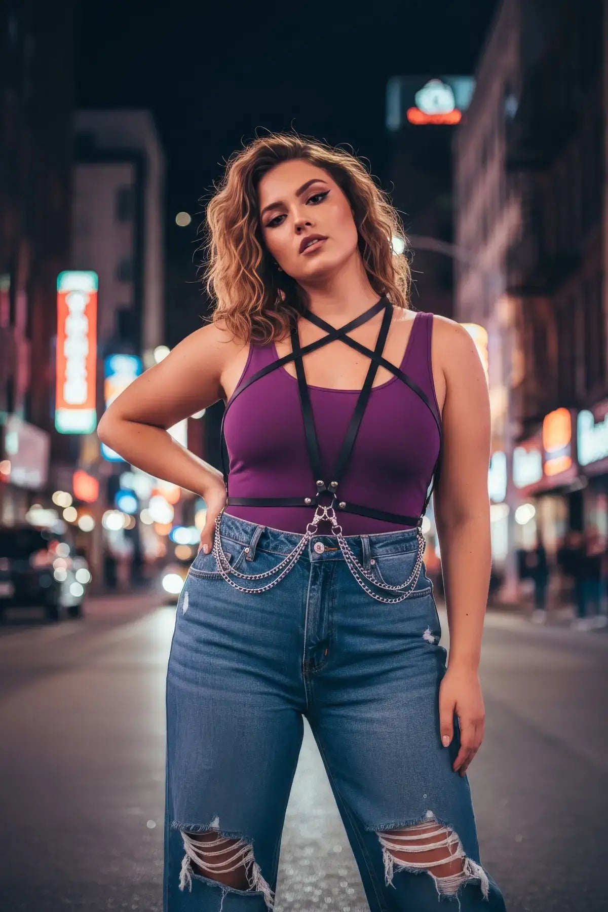 Plus Size X-Cross Chest Harness with Chain Drop in black vegan leather by HarnessClub