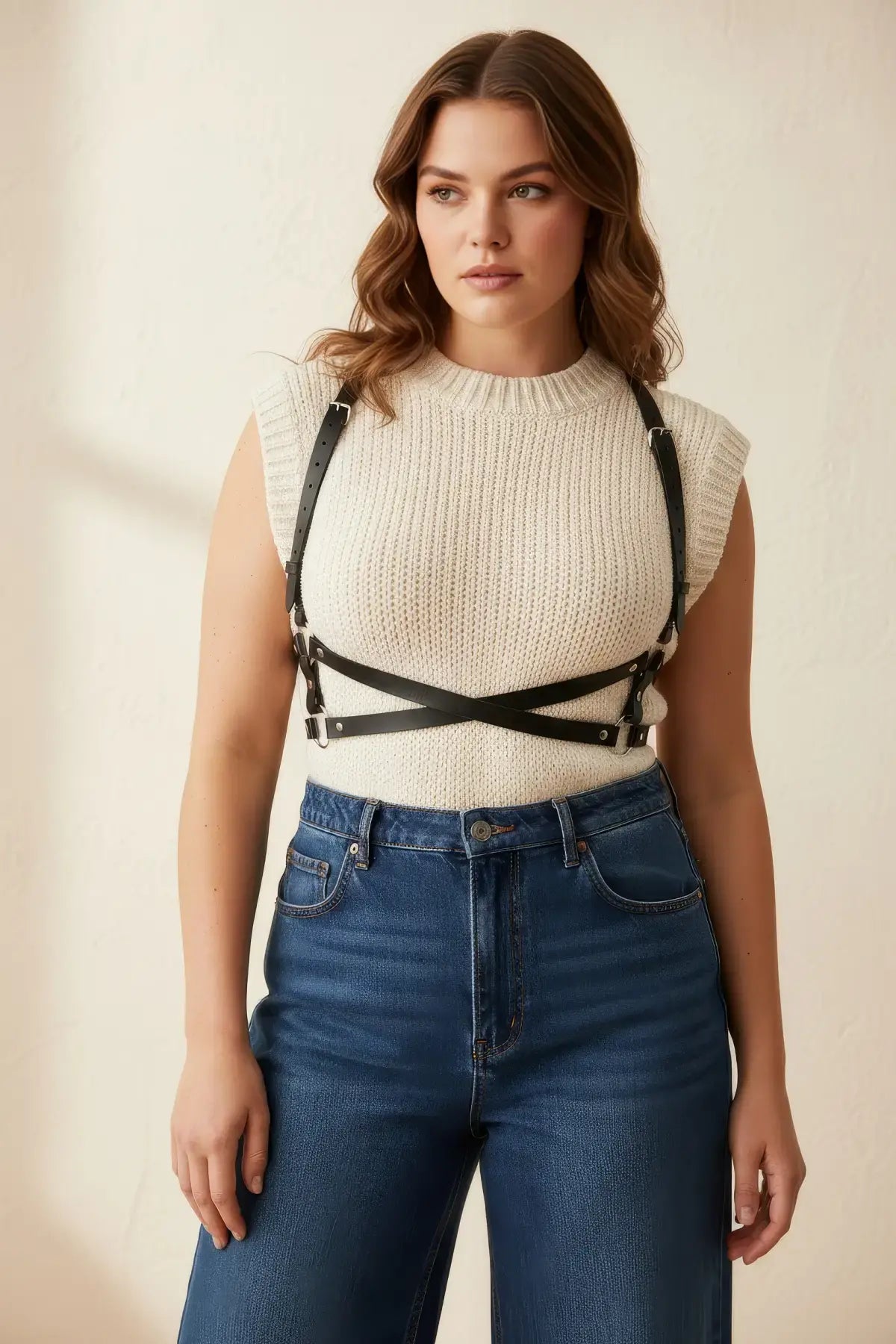 Plus-size black X-cross shoulder harness vegan leather body accessory by HarnessClub