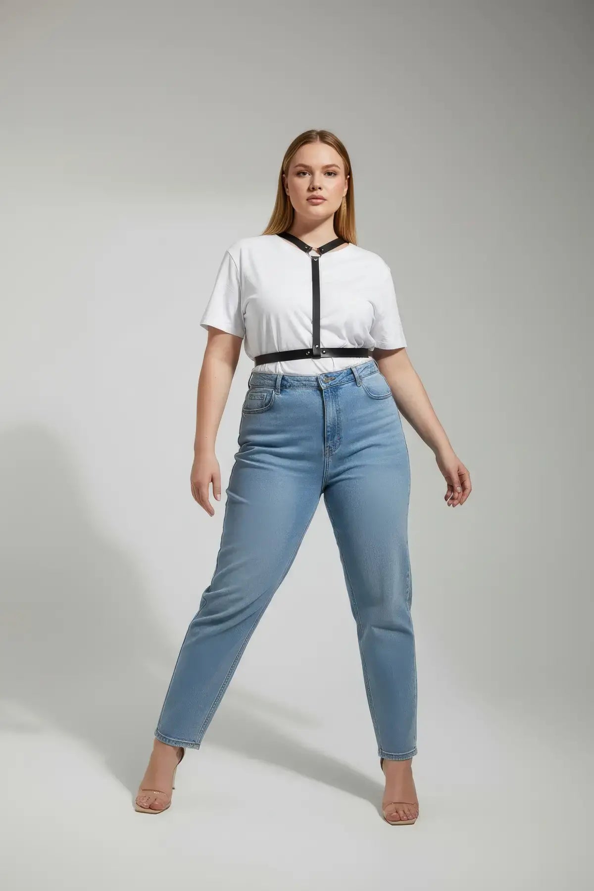 Plus size black Y-strap minimalist body harness; vegan leather, HarnessClub brand.