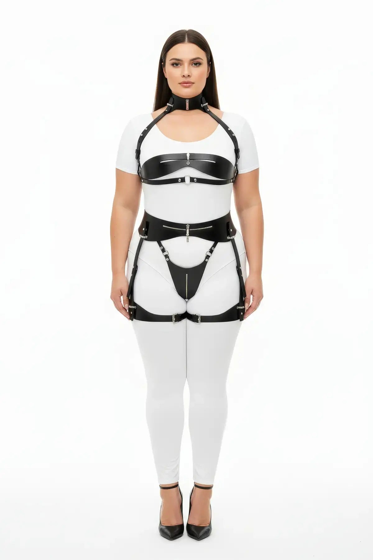 HarnessClub plus-size black zip-detail three-piece harness with thigh garter set in vegan leather
