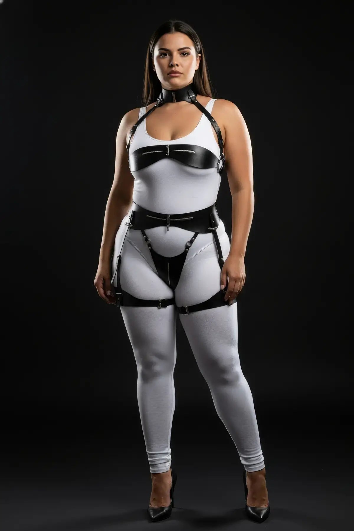 Three-piece harness set by HarnessClub in plus-size black zip-detail vegan leather with thigh garters.