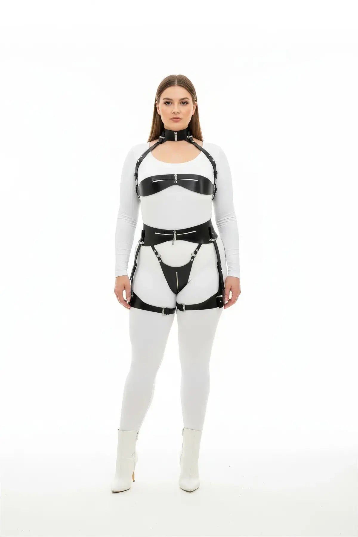 Plus-size black zip-detail three-piece vegan leather harness set with thigh garter worn by model, HarnessClub