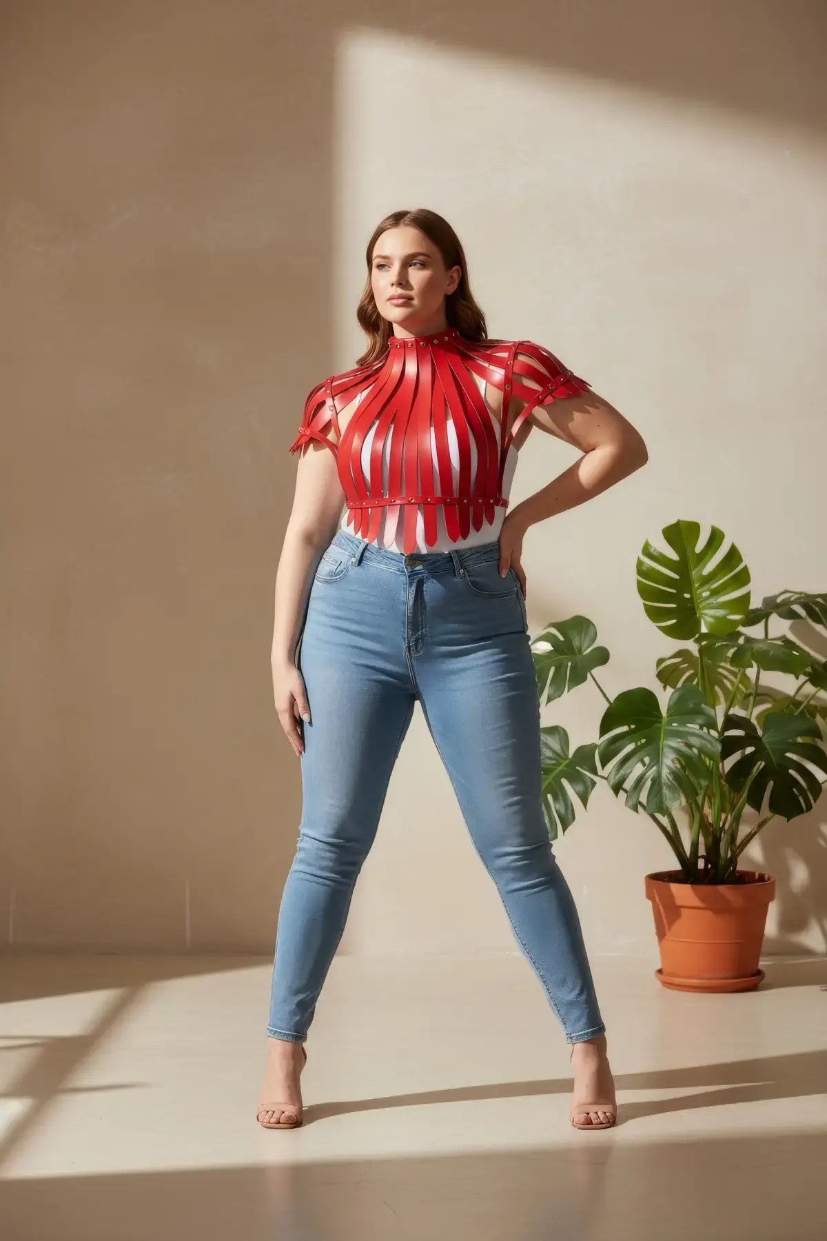 Plus Size Bold Leather Strap Body Harness, red, strappy design worn with jeans