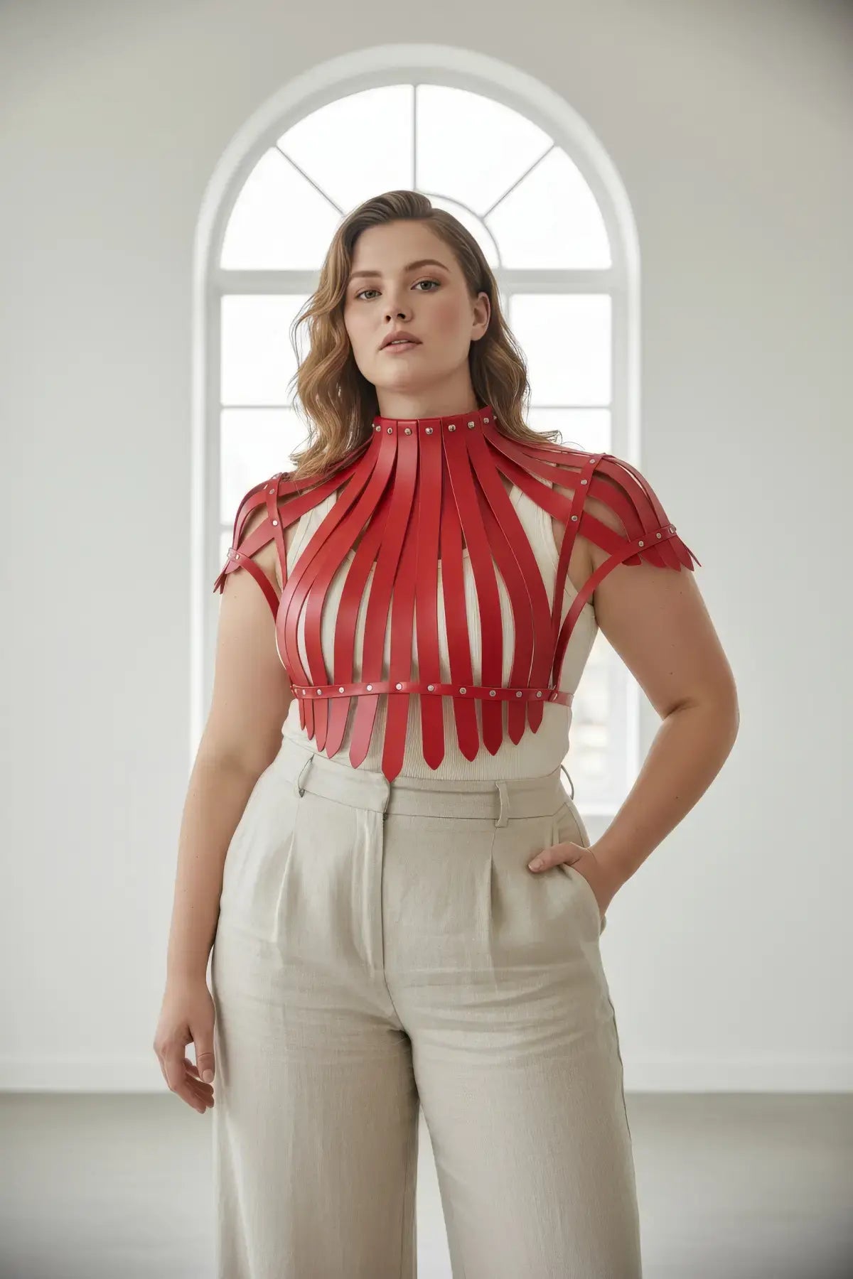 Plus Size Bold Leather Strap Body Harness by HarnessClub in red, strappy high-neck design on model