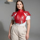 Plus Size Bold Leather Strap Body Harness in red, strappy design shown on model