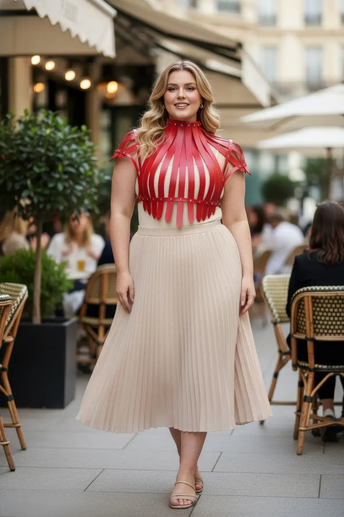Plus Size Bold Leather Strap Body Harness by HarnessClub, red leather, strappy design worn over beige pleated skirt.