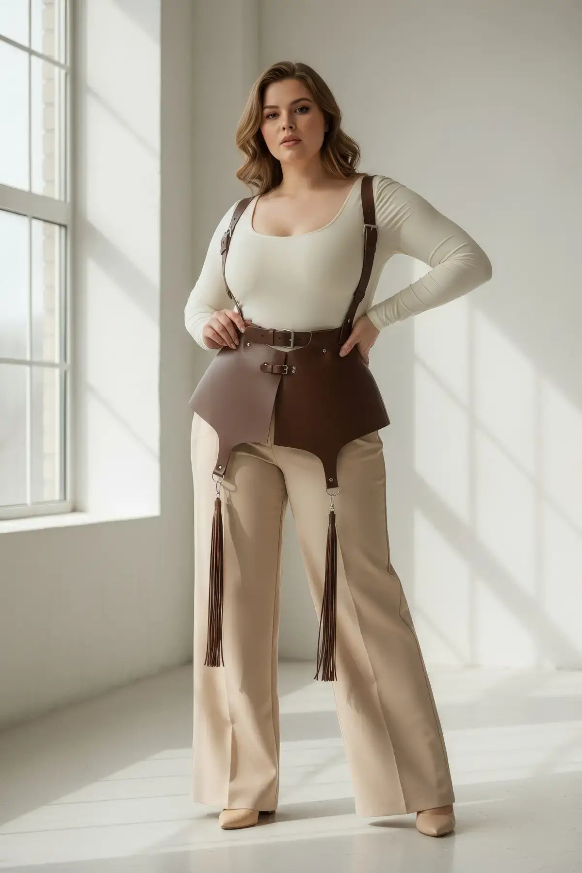 Plus-size cognac vegan-leather corset suspender harness with tassels worn by model
