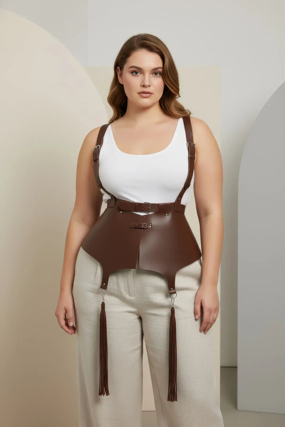 Plus-size brown vegan leather corset suspender harness with tassels by HarnessClub