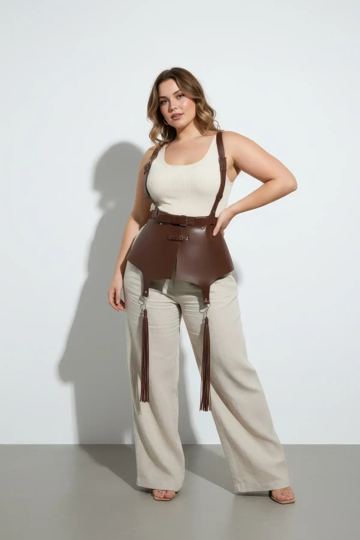 Plus-size brown vegan leather corset suspender harness with tassels by HarnessClub