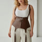 Plus-size cognac brown vegan leather corset suspender harness with tassels by HarnessClub