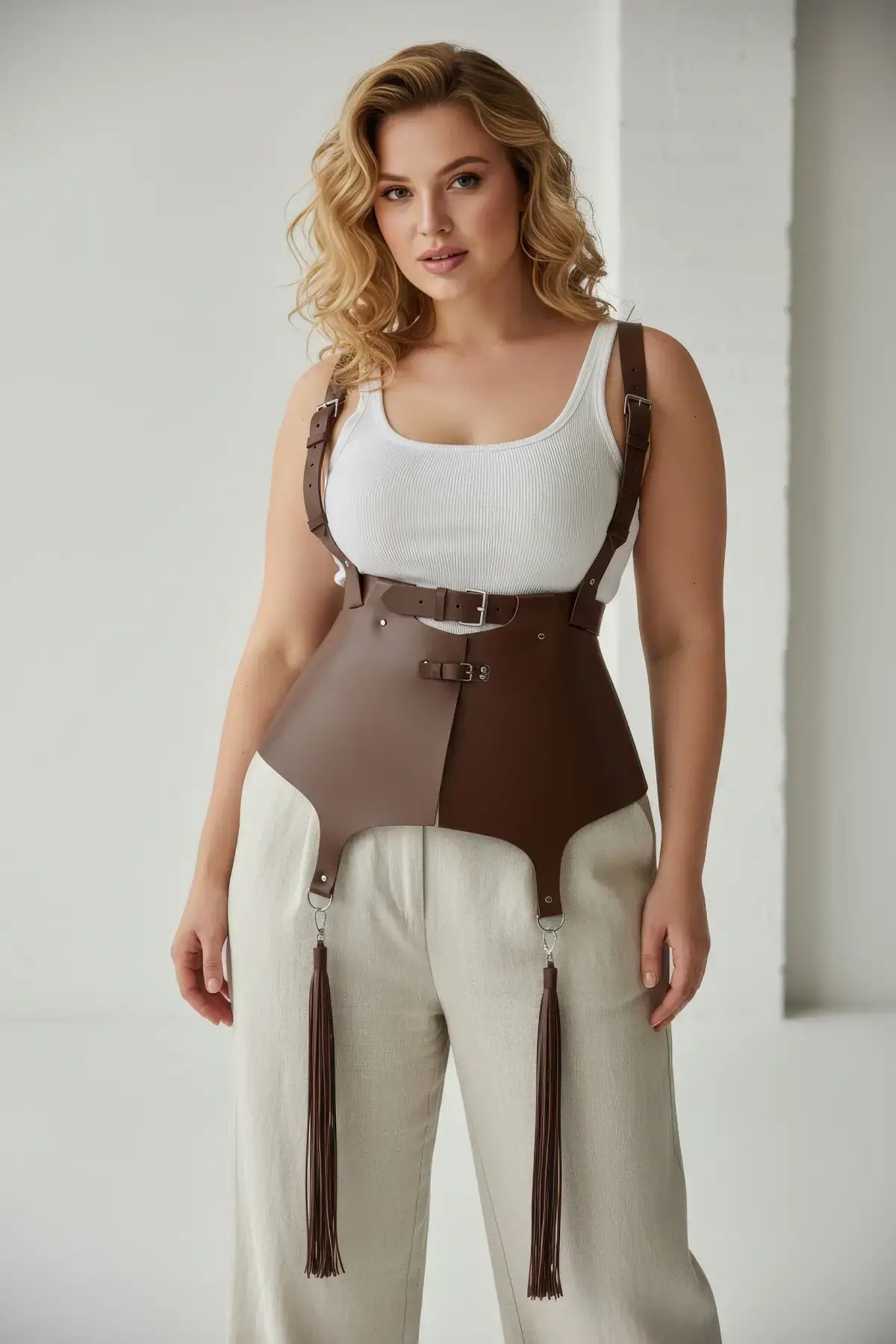 Plus-size cognac brown vegan leather corset suspender harness with tassels by HarnessClub