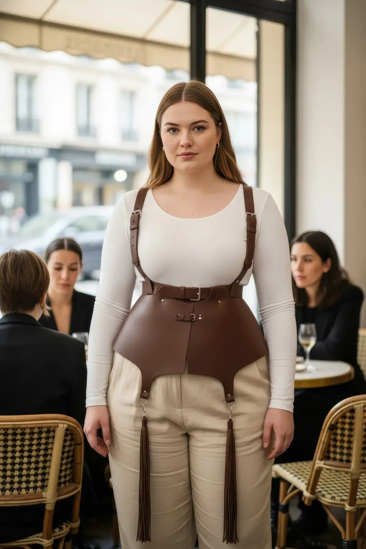 Plus Size Brown Corset Suspender Harness with Tassels in cognac vegan leather worn over white top.