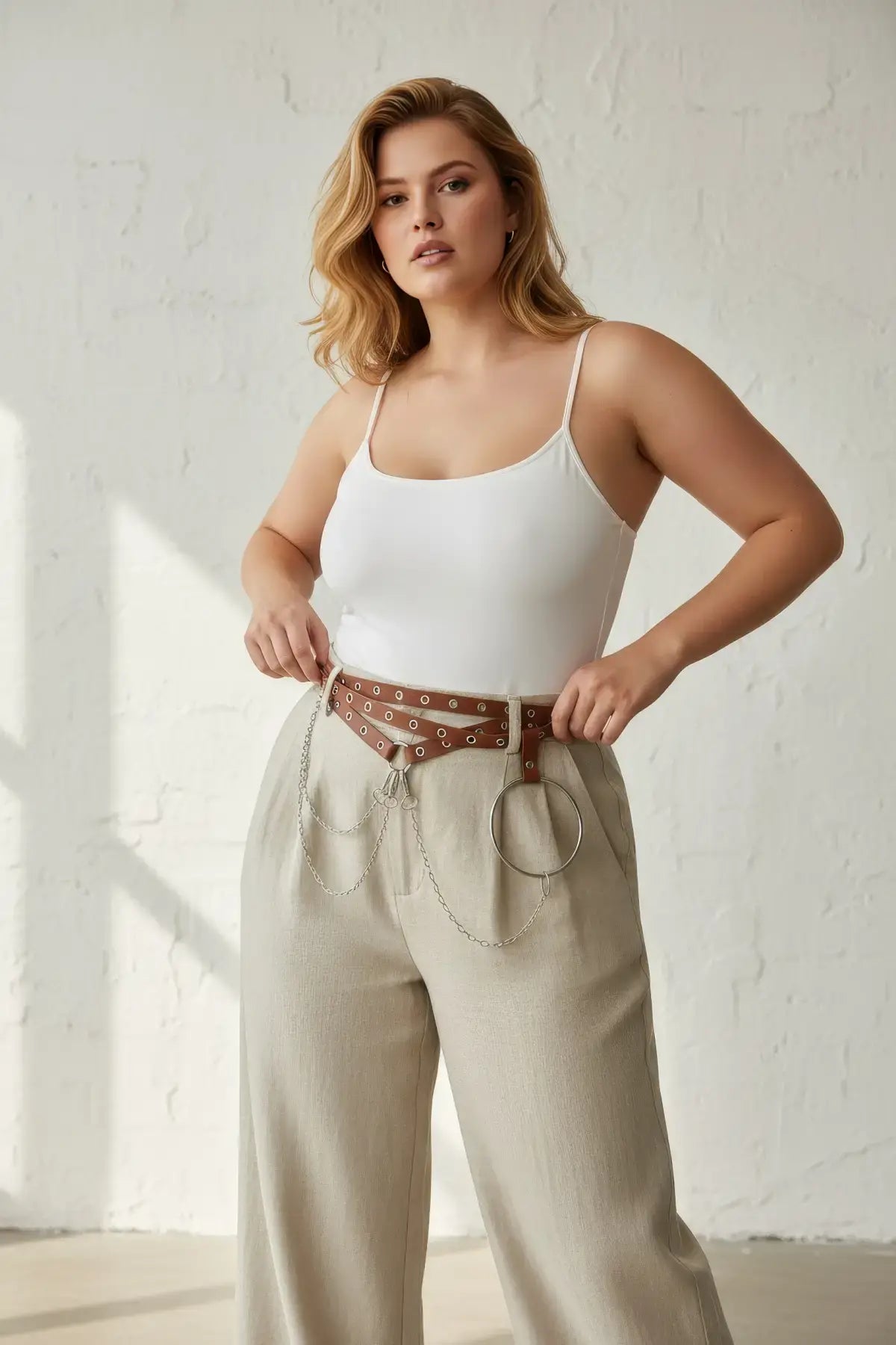 Plus-size cognac vegan leather grommet belt with O-ring chain cluster, worn at the waist