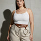 Plus-size cognac vegan-leather grommet belt with o-ring chain cluster by HarnessClub