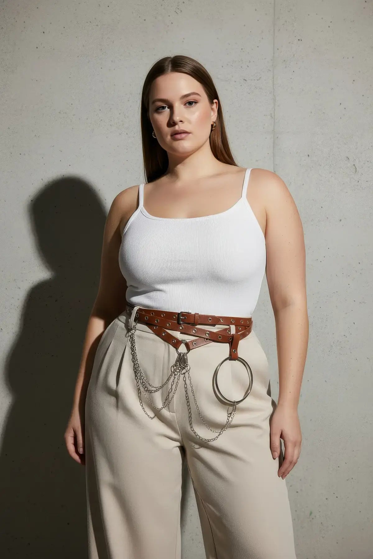 Plus-size cognac vegan-leather grommet belt with o-ring chain cluster by HarnessClub